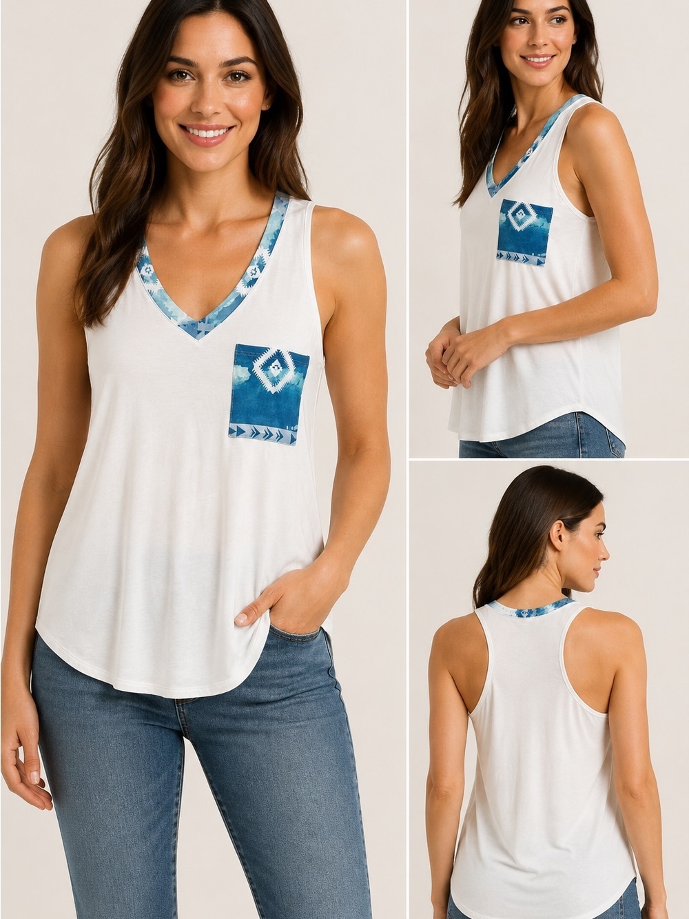 Avery Apparel White Blue Aztec V-Neck Pocket Tank Top S M L XL Made USA